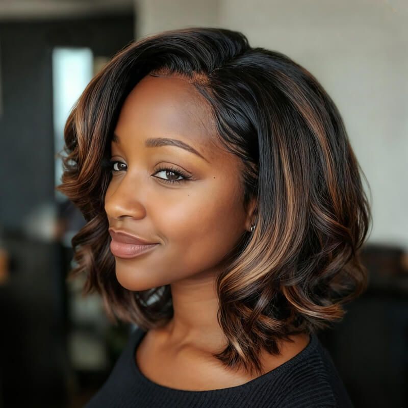 Wear and Go Wigs Brown Highlights Bob Wigs with Side Part Pre Cut Lace Wigs