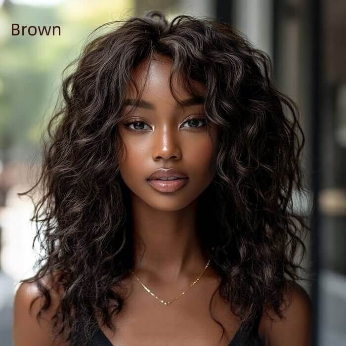 IDefinewig Glueless Beach Curly Wigs With Bangs Lace Front Human Hair Wigs