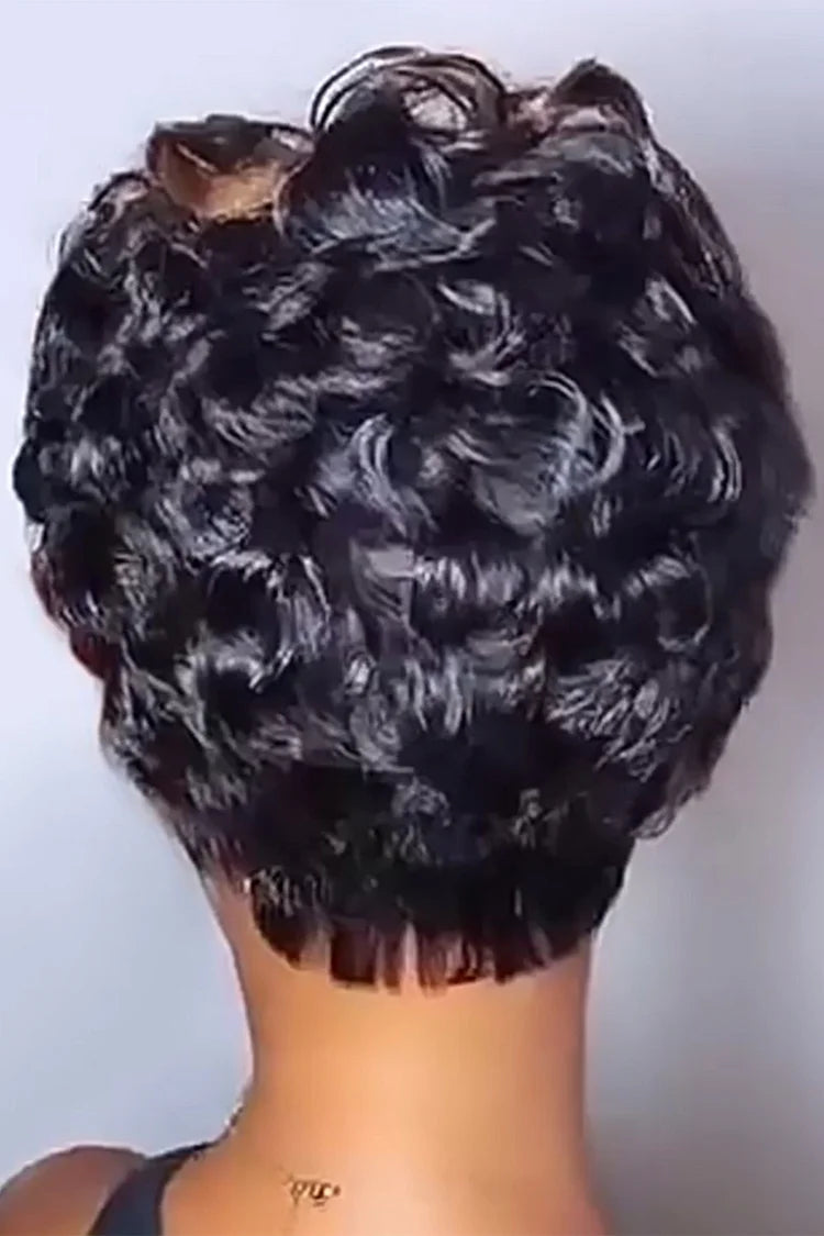 Daily Black Gradient Highlighted Curly Tilted Frisette Short Wigs
